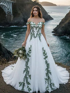 Lakshmigown Green Gothic Wedding Dress Lace Off Shoulder Bohemian Alternative Bride Dress Ethereal Celtic Boho Bride Customized