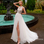 Lakshmigown High Neck Wedding Gown with Removable Sleeves Tulle Slit Wedding Dress Bridal Dress for Wedding Events Customized