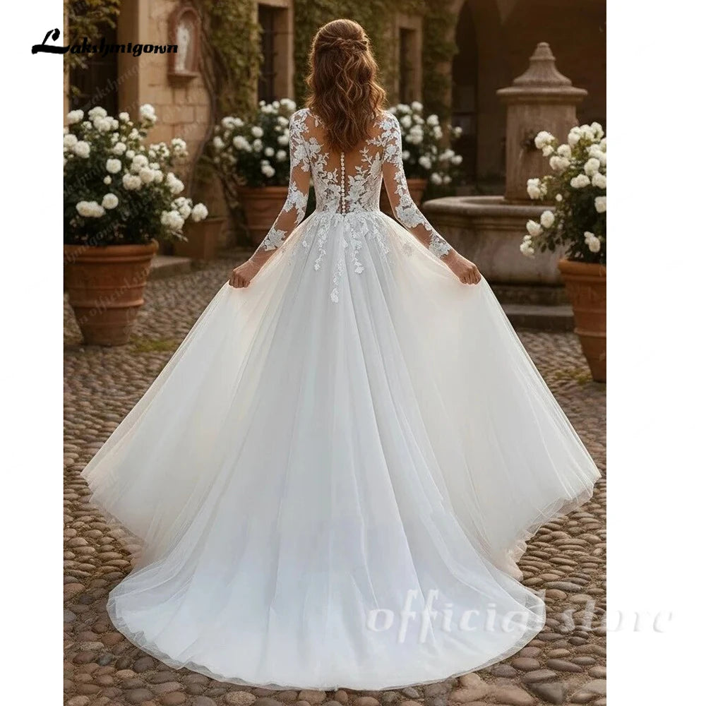 Lakshmigown A Line Lace Floral Wedding Dress Illusion Long Sleeve Tulle Tulle Bridal Gown for Formal Ceremony Customized