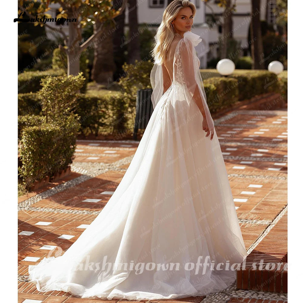 Lakshmigown Split Wedding Dress Lace Flowers Sexy Deep V-neck Appliques Plus Size Tulle Bridal Gowns Customized Vestido De Noiva