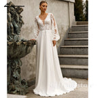Lakshmigown Puffy Long Sleeves Wedding Dresses 2026 Chiffon Beach Boho A-Line V-Neck Wedding Gown With Appliques LaceCustomized