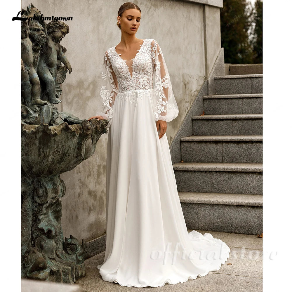 Lakshmigown Puffy Long Sleeves Wedding Dresses 2026 Chiffon Beach Boho A-Line V-Neck Wedding Gown With Appliques LaceCustomized