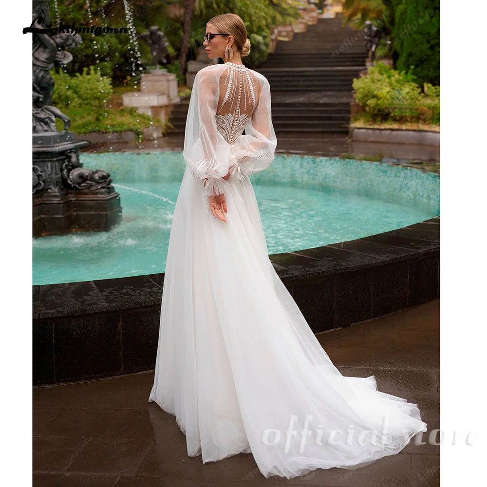 Lakshmigown High Neck Wedding Gown with Removable Sleeves Tulle Slit Wedding Dress Bridal Dress for Wedding Events Customized