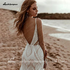 Lakshmigown Plunging V Bohemian Mermaid Wedding Dress Lace Champagne Bridal Gown Vintage Backless Spaghetti Straps Customized