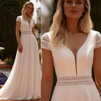 Lakshmigown Chiffon A-Line Wedding Gown Short Sleeve Deep V-Neck Lace Draped Women's Backless Vestido De Noiva Customized