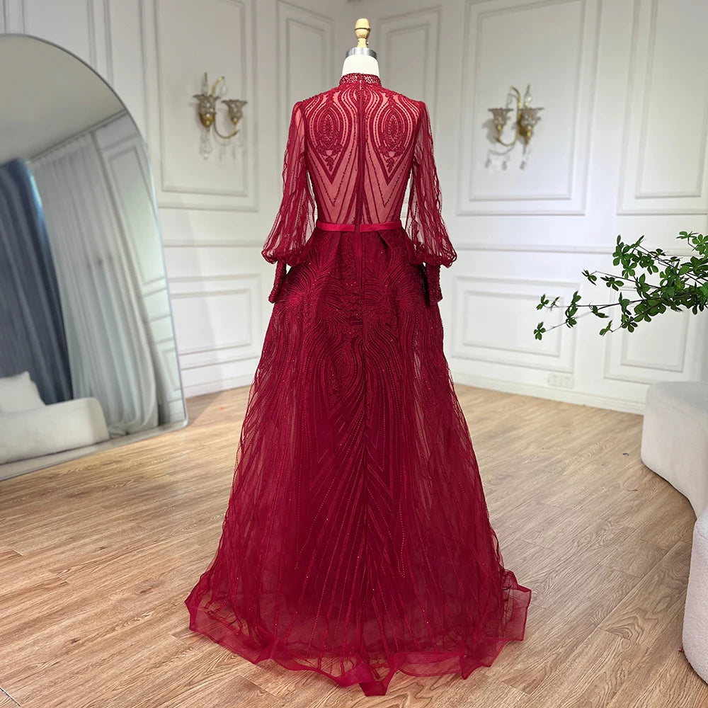 Serene Hill Customized Wine Red Long Sleeves Overskirt Evening Dresses 2024 Muslim Party Gowns For Women Plus Size DLA71248