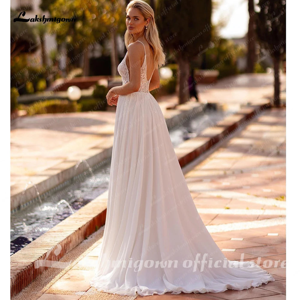 Lakshmigown A-Line Chiffon Wedding Dress For Women Deep V-Neck Sleeveless Bridal Gown Backless High Split Vestido De Novia