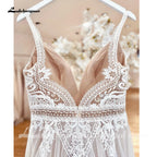 Lakshmigown Plunging V Bohemian Wedding Dress Customized Vestido Noiva Summer A Line Boho Wedding Gown V Neck Lace Open Back