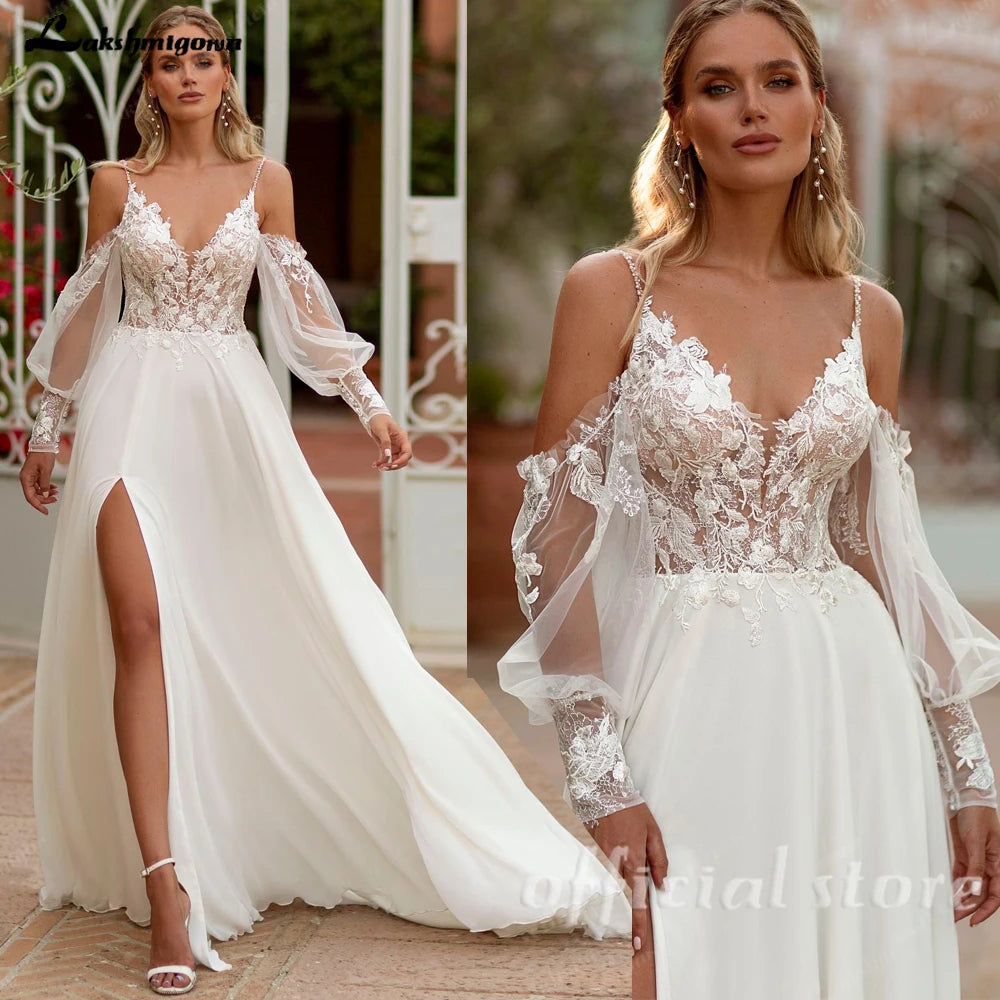 Lakshmigown Spaghetti Strap Chiffon Wedding Dresses for Bride A Line Boho Beach Bridal Dresses with Puff Sleeves Customized