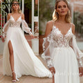 Lakshmigown Spaghetti Strap Chiffon Wedding Dresses for Bride A Line Boho Beach Bridal Dresses with Puff Sleeves Customized