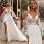 Lakshmigown Spaghetti Strap Chiffon Wedding Dresses for Bride A Line Boho Beach Bridal Dresses with Puff Sleeves Customized