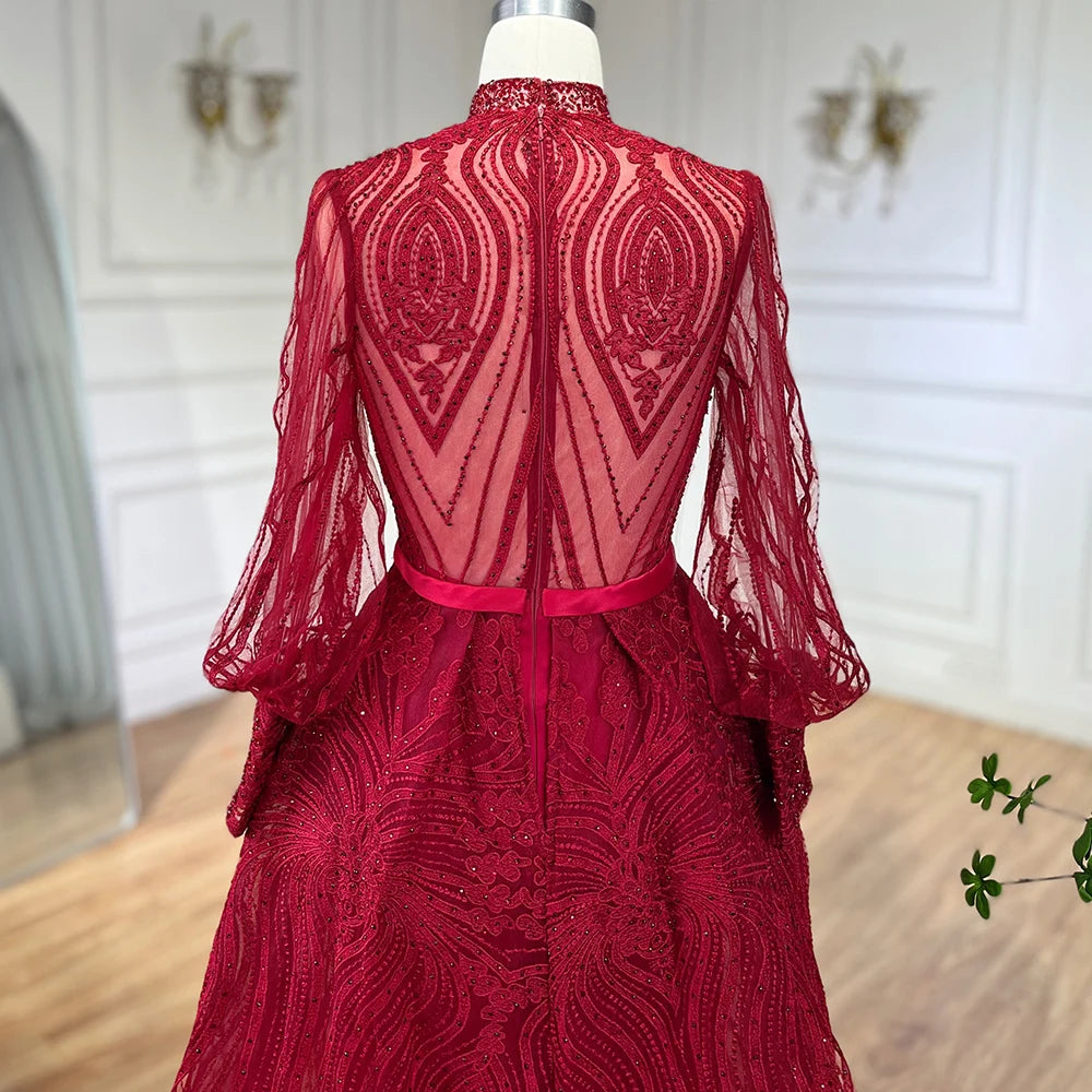 Serene Hill Customized Wine Red Long Sleeves Overskirt Evening Dresses 2024 Muslim Party Gowns For Women Plus Size DLA71248