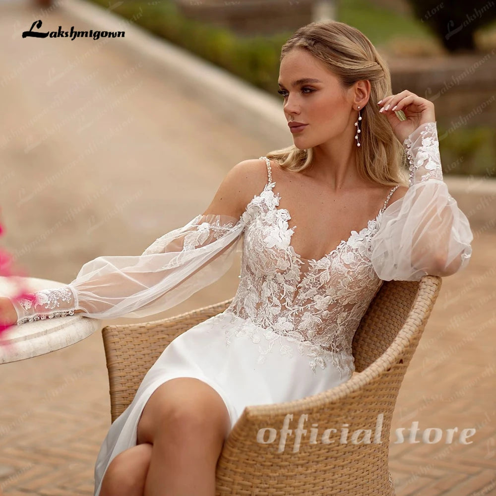 Lakshmigown Spaghetti Strap Chiffon Wedding Dresses for Bride A Line Boho Beach Bridal Dresses with Puff Sleeves Customized