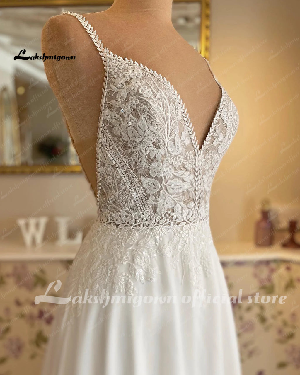 Lakshmigown Chiffon A Line Beach Wedding Dress Lace Illusion Spaghetti Straps Wedding Gown Open Back Bridal Gown Customized