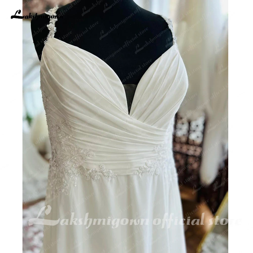 Lakshmigown Plus Size Bridal Wedding Dress Beach Summer 2024 Vestido De Boda V Neck Pleat Bridal Gowns Cut Out Lace Train