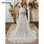 Lakshmigown Plunging V Bohemian Mermaid Wedding Dress Lace Champagne Bridal Gown Vintage Backless Spaghetti Straps Customized