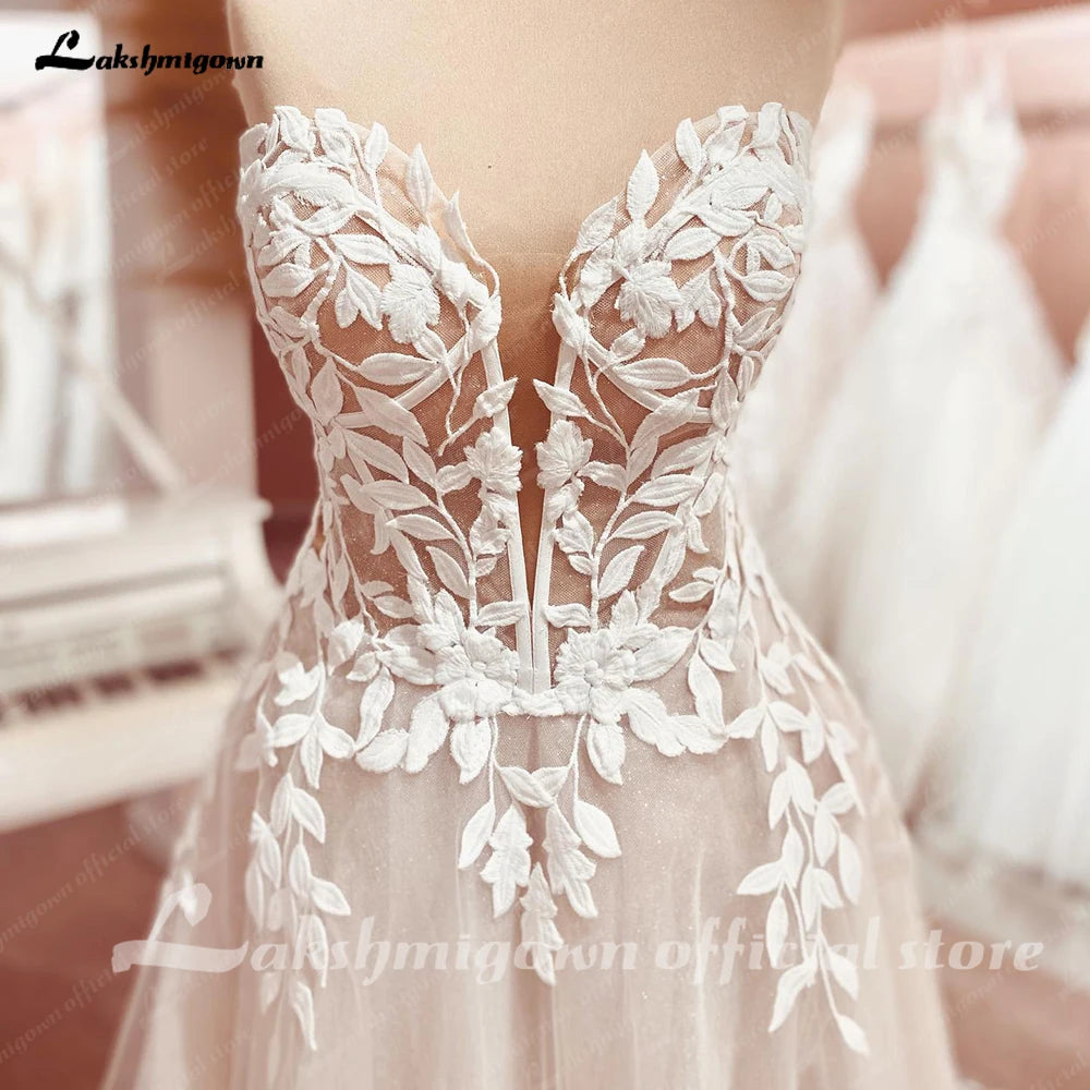 Lakshmigown Lace Appliques Sweetheart Glitter A Line Boho Wedding Dress Robe Femm Civil Beach Wedding Bridal Gowns Customized
