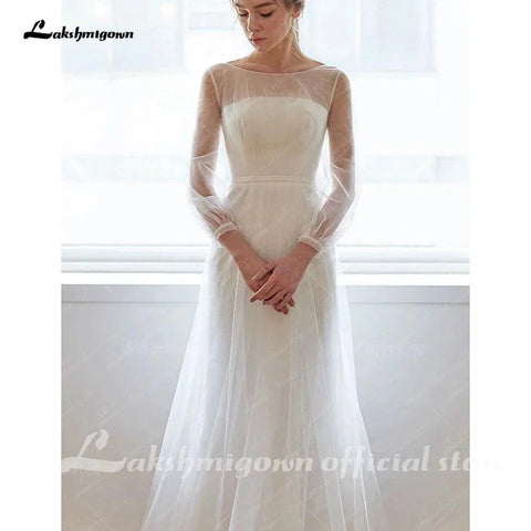 NumberSea Schlichtes Brautkleid in A-Linie mit langen Ärmeln, minimalistisches Netz, gerades Kreuz, Illusion, transparente Spitze 