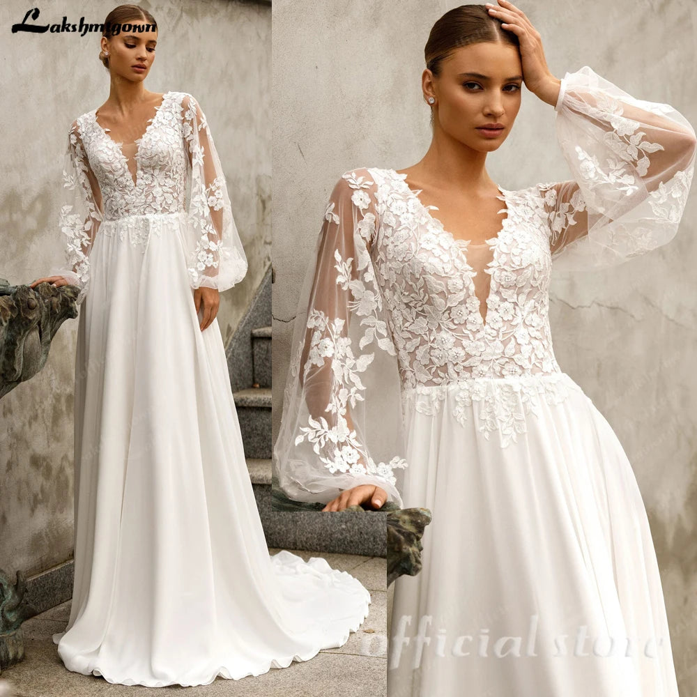 Lakshmigown Puffy Long Sleeves Wedding Dresses 2026 Chiffon Beach Boho A-Line V-Neck Wedding Gown With Appliques LaceCustomized