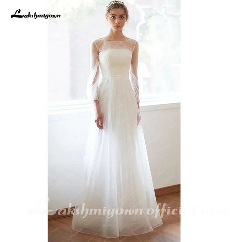 NumberSea Schlichtes Brautkleid in A-Linie mit langen Ärmeln, minimalistisches Netz, gerades Kreuz, Illusion, transparente Spitze 