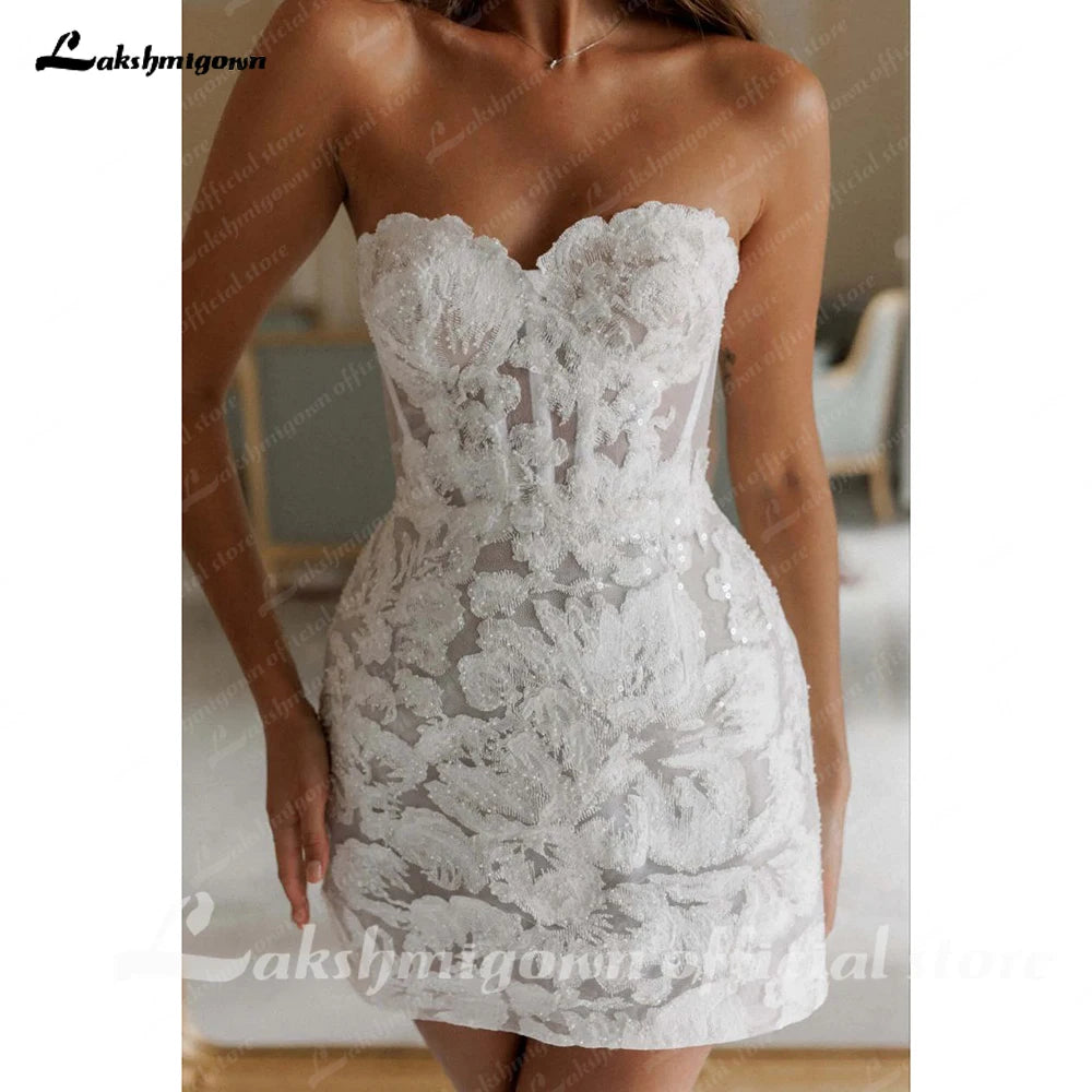 Lakshmigown Sexy Glitter Lace A-Line Short Wedding Dresses Customized Shiny Mini Bridal Gowns Event Formal Party Dress