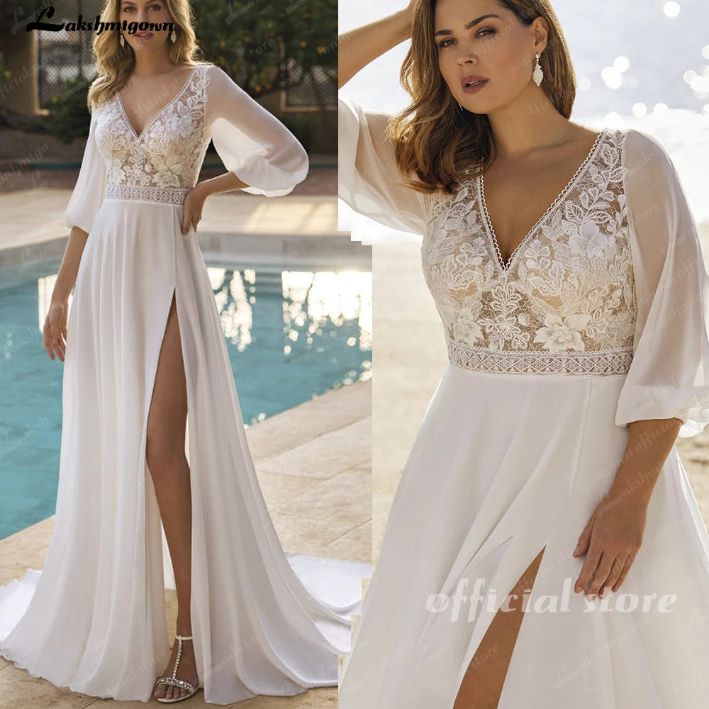 Lakshmigown Chiffon Wedding Dresses Plus Size V Neck 3/4 Sleeves Bride Gowns Appliques Floor Length A-Line Vestido Customized
