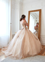 Vestido de baile com glitter e decote ombro a ombro floral 3D da Calla KY73112