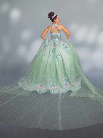 Vestido de baile com capa e aplicações sem alças da marca Calla SCL30004