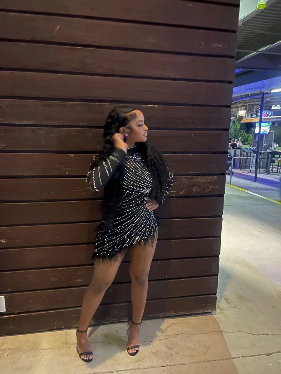 Vestido de Fiesta de Mangas Largas con Estrás Negro Traje de Cumpleaños Negro Y2526