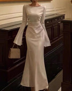 Robe de soirée en satin à col rond pour femme, robe de cocktail simple blanche Y6894