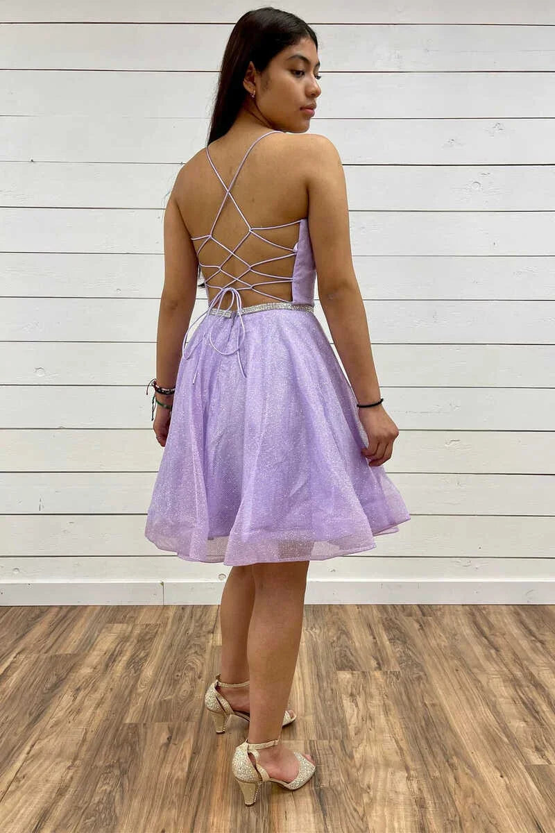 Abito da Cerimonia a Linea A Scollo Profondo Viola Lavanda Cortissimo Y931
