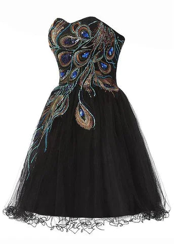 Chic Tüll Satin Perlen Herz-Ausschnitt A-Line Kurzes Cocktailkleid Schwarzes Homecoming Kleid Y8483