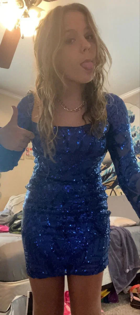 Vestido de Lentejuelas de Manga Larga Ajustado Azul Sexy para Baile de Graduación Y6269