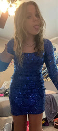 Vestido de Lentejuelas de Manga Larga Ajustado Azul Sexy para Baile de Graduación Y6269