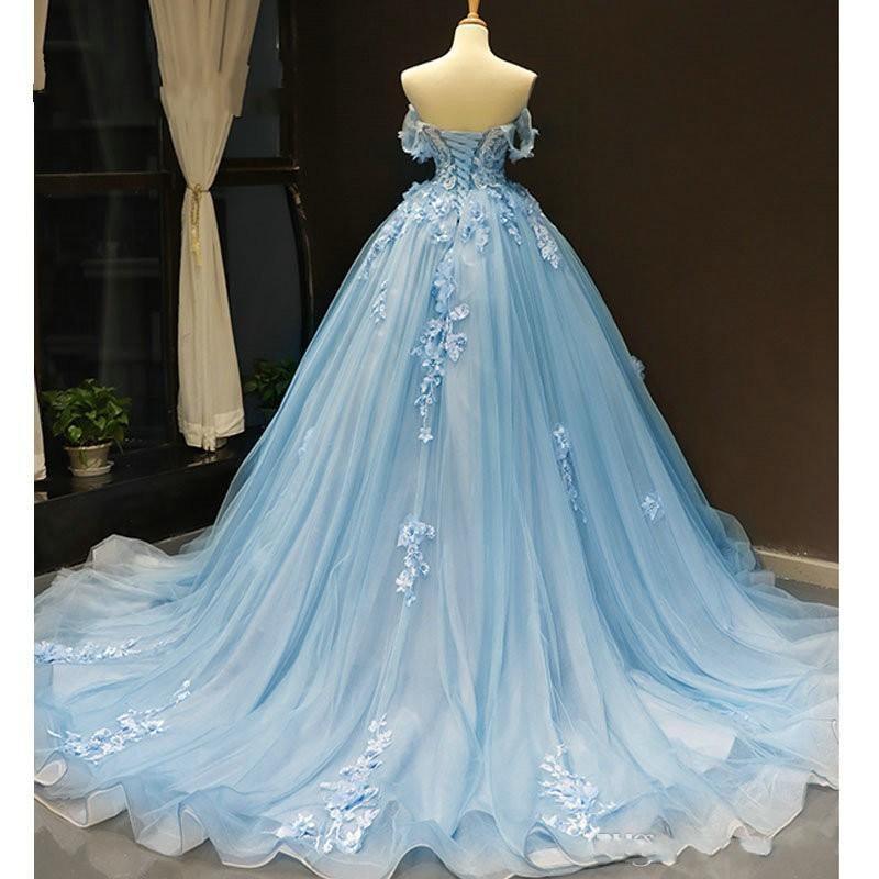 Vestidos de baile azul-bebé com ombros à mostra e aplicações de flores 3D PSK248