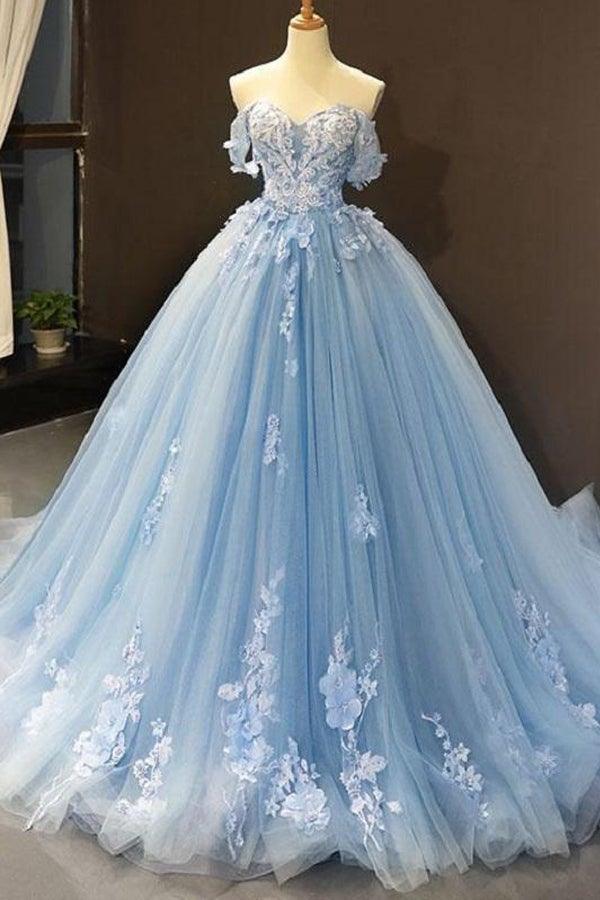 Vestidos de baile azul-bebé com ombros à mostra e aplicações de flores 3D PSK248