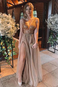 Vestidos de Fiesta Largos Sin Espalda en Línea A Marrones con Cuentas y Escote Corazón de Tul PSK344