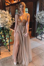 Vestidos de festa compridos, sem costas, em corte A, castanhos, com missangas, em tule, PSK344