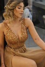 Vestidos de festa compridos, sem costas, em corte A, castanhos, com missangas, em tule, PSK344