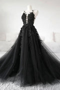 Robe de bal à encolure en V profond noir longue pour le bal avec applications WD571