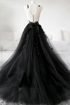 Vestido de baile comprido com decote em V profundo e aplicações, preto, WD571