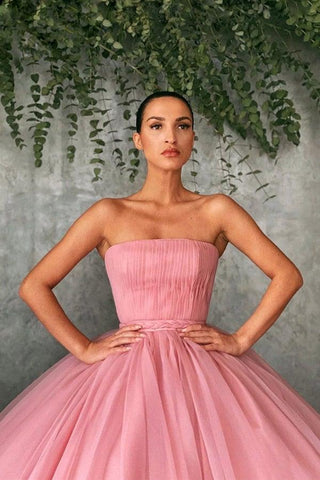 Ball Gown Pink Tulle Strapless Prom Dresses Evening Dresses PSK242