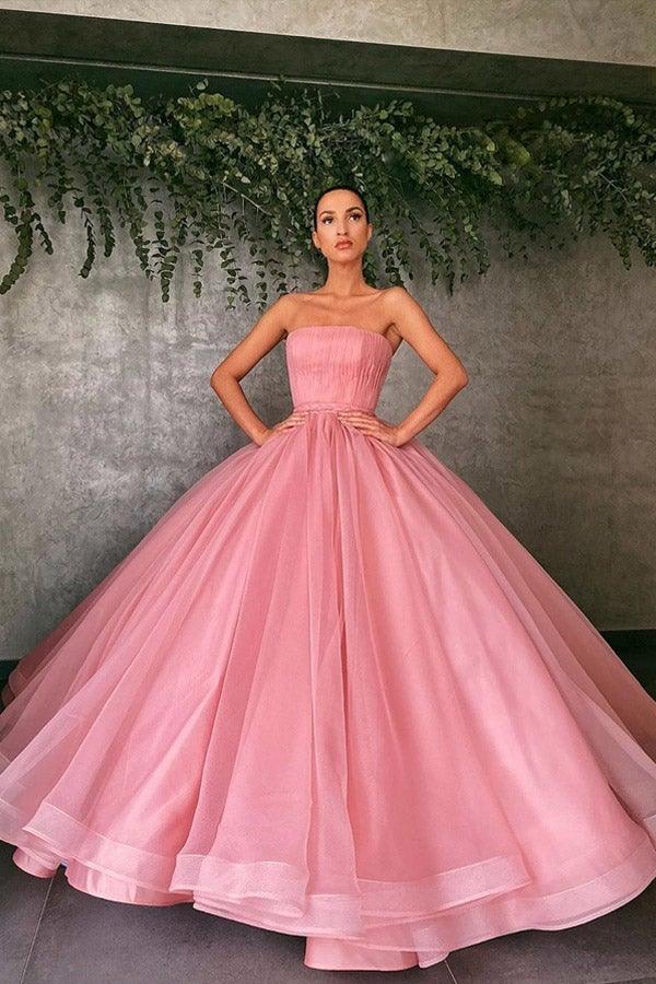 Vestidos de baile sem alças em tule rosa, vestidos de noite PSK242