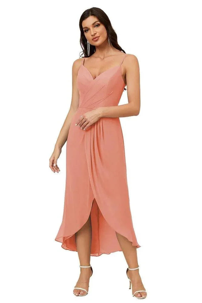 Numbersea Spaghetti-Träger Chiffon V-Ausschnitt Brautjungfernkleid Mittellanger Schlitz Formelles Abschlussballkleid Homecoming-Kleid 2803