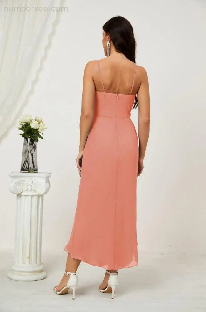 Numbersea Spaghetti-Träger Chiffon V-Ausschnitt Brautjungfernkleid Mittellanger Schlitz Formelles Abschlussballkleid Homecoming-Kleid 2803