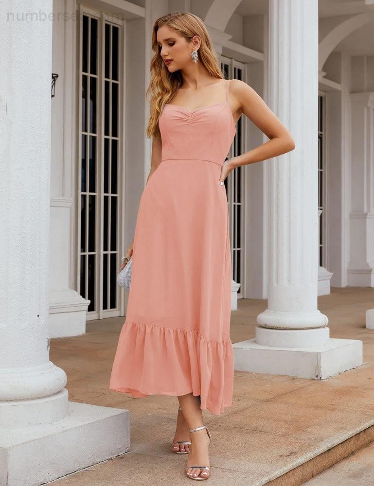 Numbersea Spaghetti-Träger Chiffon Brautjungfernkleid Knöchellänge Formell A-Linie Cocktail Party Homecoming-Kleid für Juniorinnen SEA28028