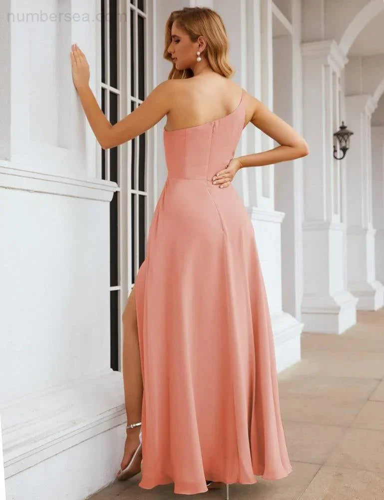 Numbersea Ein Schulter Chiffon Brautjungfernkleider Lang Formell Homecoming Abschlussballkleider für Damen Party Hochzeit Abend SEA28052