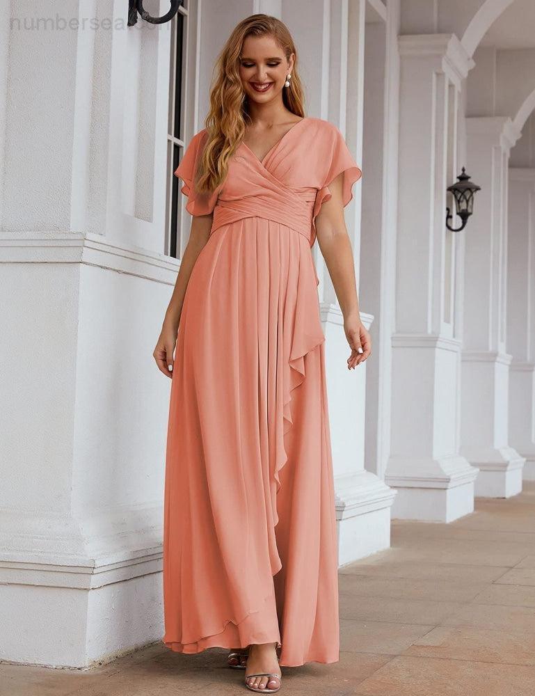 Numbersea Chiffon Bridesmaid Dresses Long Formal Evening Prom Mother of The Bride Dress with Flutter Sleeve     SEA28040
