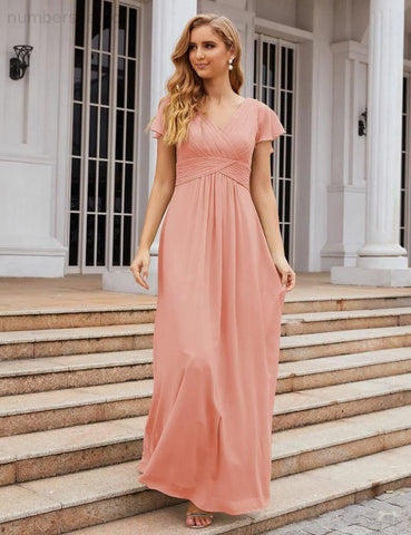 Numbersea Chiffon Bridesmaid Dress Cap Sleeves Maxi Prom Gowns Party Wedding Mother of The Bride Dresses for Women SEA28047