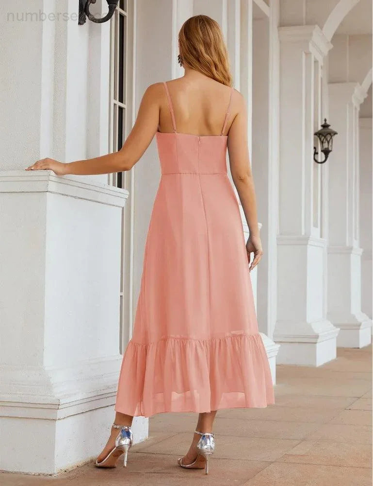 Vestido de dama de honor de chiffon con tirantes finos de Numbersea, largo hasta el tobillo, formal, silueta A, para fiesta de cóctel, baile de bienvenida para jóvenes SEA28028